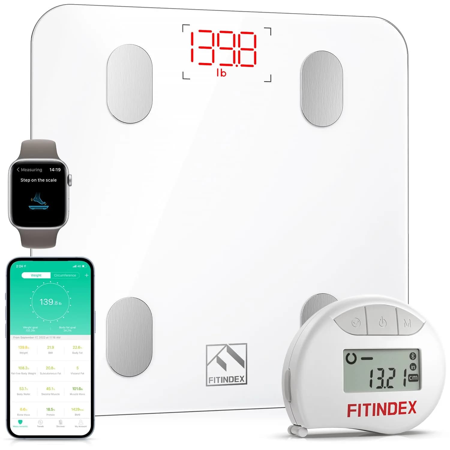 FITINDEX Smart Body Composition Scale 180kg (396lb) | Tracks 13 Metrics via Bluetooth — White Bluetooth Scale+Tape