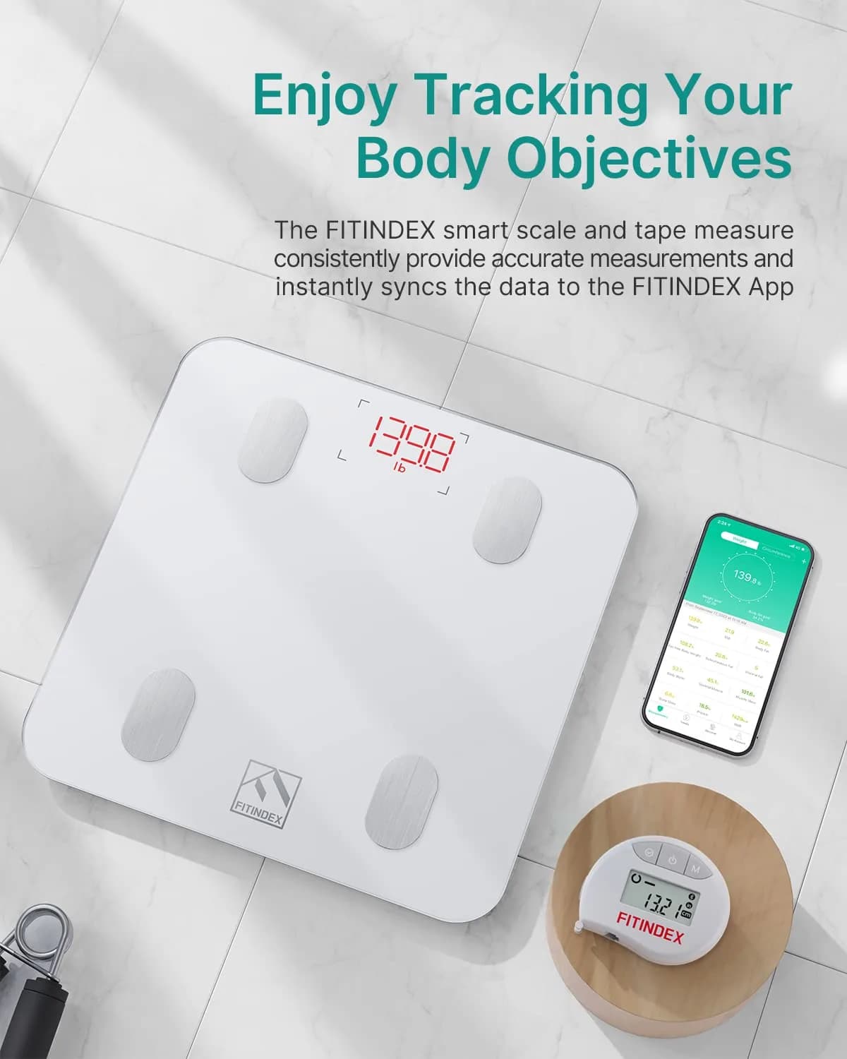 FITINDEX Smart Scale and Tape Measure | Bluetooth Body Composition Analyzer with App Sync | 180kg (400lb) Capacity - view 2