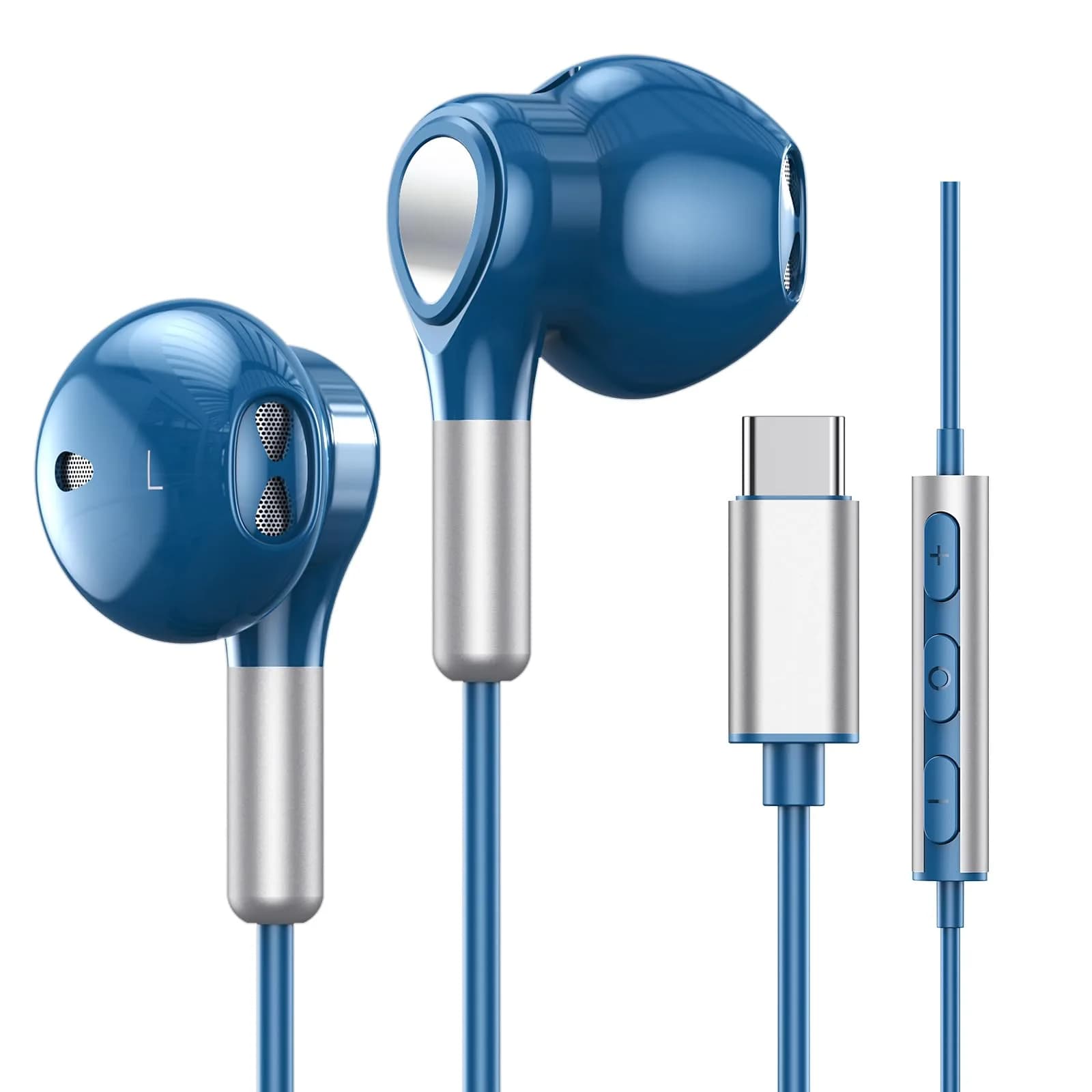 BENEWY Wired USB C Headphones with Mic & Volume Control, 1.3m Tangle-Free Cable | HiFi Stereo Sound — Blue