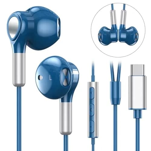 BENEWY Wired USB C Headphones with Mic & Volume Control, 1.2m Tangle-Free Cable, 14.2mm Dynamic Drivers | Blue thumbnail 2