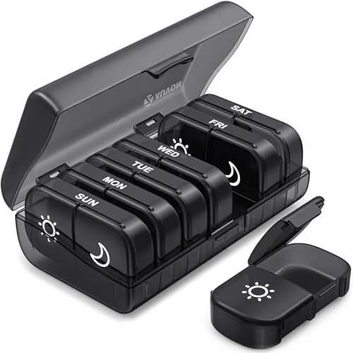 AUVON XL Weekly Pill Organizer 7 Day AM PM Pill Case with Large Compartments, Black Privacy Protection (14 Compartments) — Black