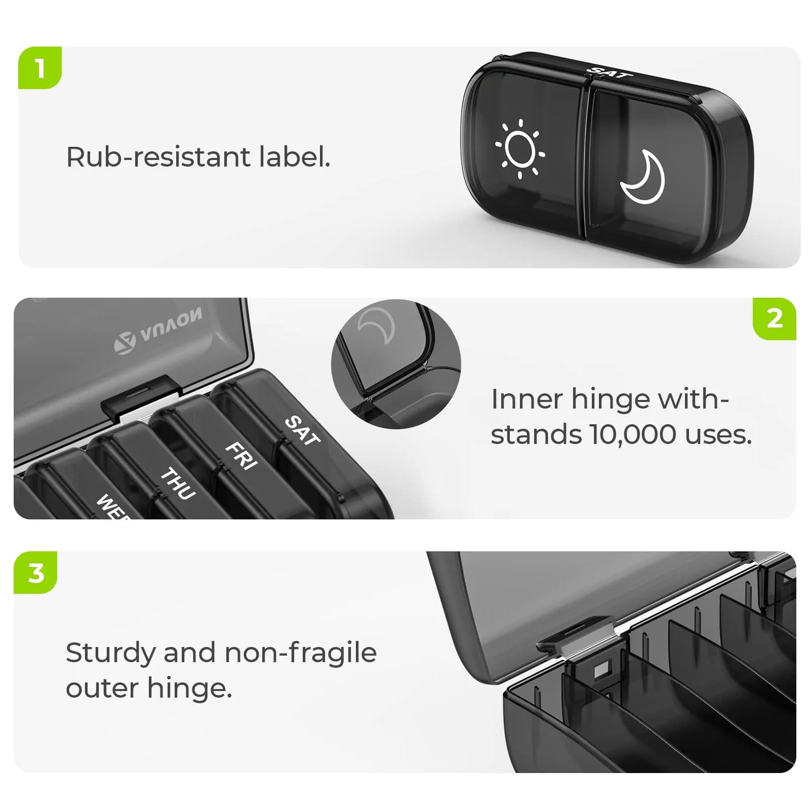AUVON XL Weekly Pill Organizer - 7 Day AM/PM Pill Case with Large Openings, Black - 2 Times a Day - view 3