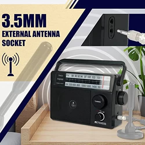 Retekess TR633 AM FM Radio Portable with Best Reception, Wall Plug & External Antenna (Medium, Black) thumbnail 2