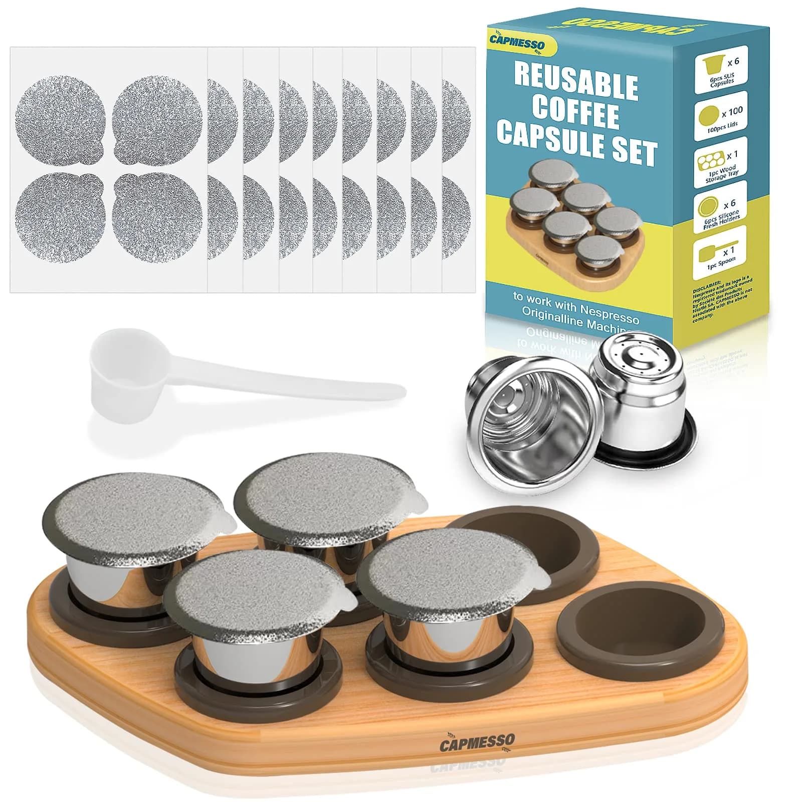 CAPMESSO 100 Silver Coffee Pod Seal Lids with 6 Reusable Nespresso Original Pods & Wood Tray - main product image