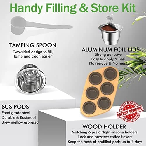 CAPMESSO Reusable Capsules for Nespresso OriginalLine: 6 Stainless Pods + 100 Lids + Wood Tray thumbnail 5