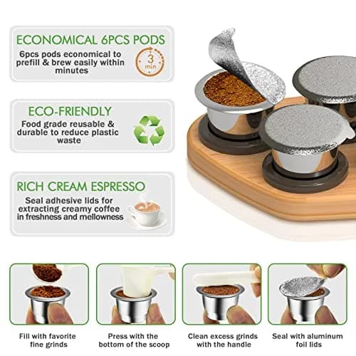 CAPMESSO Reusable Capsules for Nespresso OriginalLine: 6 Stainless Pods + 100 Lids + Wood Tray thumbnail 6