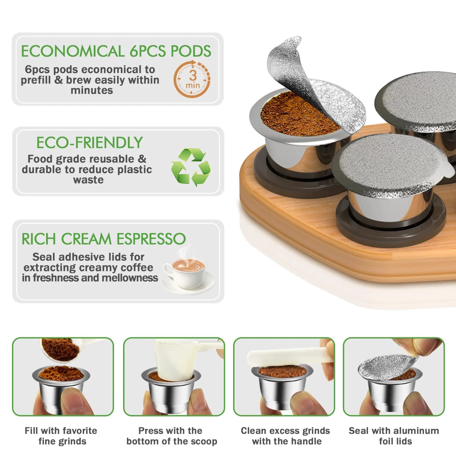 CAPMESSO Reusable Capsules for Nespresso OriginalLine: 6 Stainless Pods + 100 Lids + Wood Tray - view 6