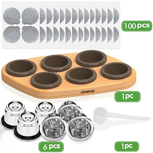 CAPMESSO Reusable Capsules for Nespresso OriginalLine: 6 Stainless Pods + 100 Lids + Wood Tray thumbnail 2