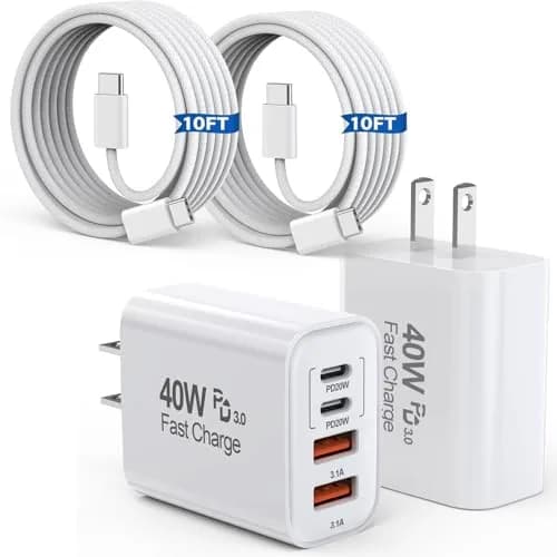 Dazana 10FT iPhone 17 16 15 Pro Charger | 2-Pack 40W USB C to C Woven Cable & Multiport Fast Charger thumbnail 1