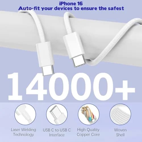 Dazana 10FT iPhone 17 16 15 Pro Charger | 2-Pack 40W USB C to C Woven Cable & Multiport Fast Charger thumbnail 6