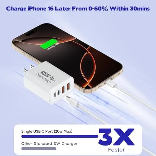 Dazana 10FT iPhone 17 16 15 Pro Charger | 2-Pack 40W USB C to C Woven Cable & Multiport Fast Charger thumbnail 2