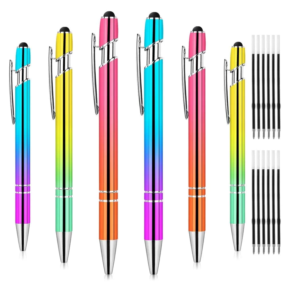 AUAUY 6 PCS Ballpoint Pens, 2 in 1 Stylus Pen with 12 Refills | Fast Dry Ink, Aluminum Body, Gradient Colors