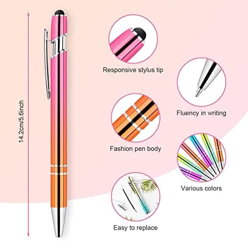 AUAUY 6 PCS Ballpoint Pens, 2 in 1 Stylus Pen with 12 Refills | Fast Dry Ink, Aluminum Body, Gradient Colors thumbnail 2
