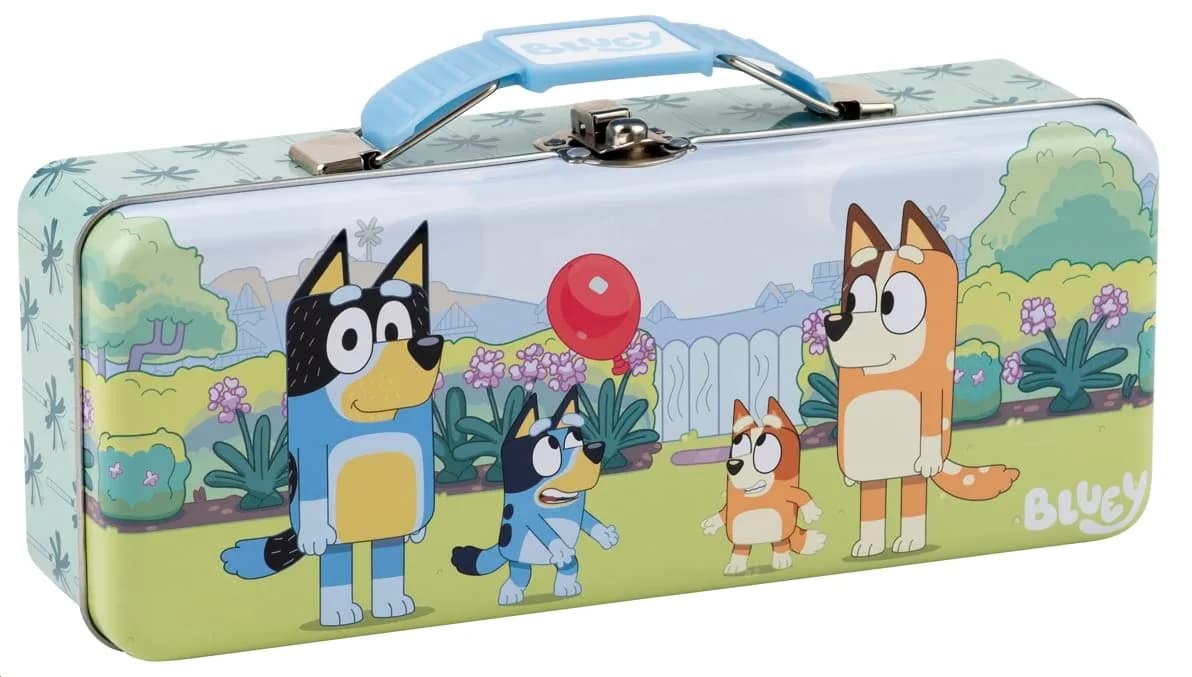 The Tin Box Company Bluey Pencil Box with Handle Clasp & Hinge | 8-3/8 x 3-3/8 x 2-1/4" Steel Storage Box for School Supplies — Blue