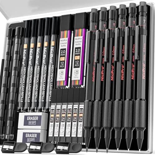 Nicpro Metal Mechanical Pencil Set with Leads & Erasers | 0.5-2.0mm, 6-Pack thumbnail 1