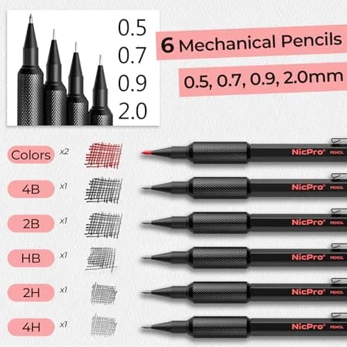 Nicpro Metal Mechanical Pencil Set with Leads & Erasers | 0.5-2.0mm, 6-Pack thumbnail 5