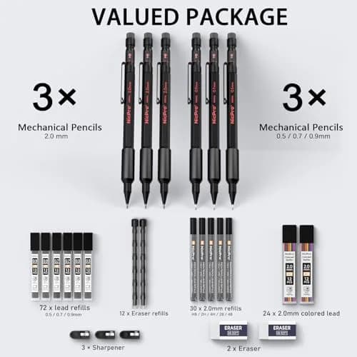 Nicpro Metal Mechanical Pencil Set with Leads & Erasers | 0.5-2.0mm, 6-Pack thumbnail 2