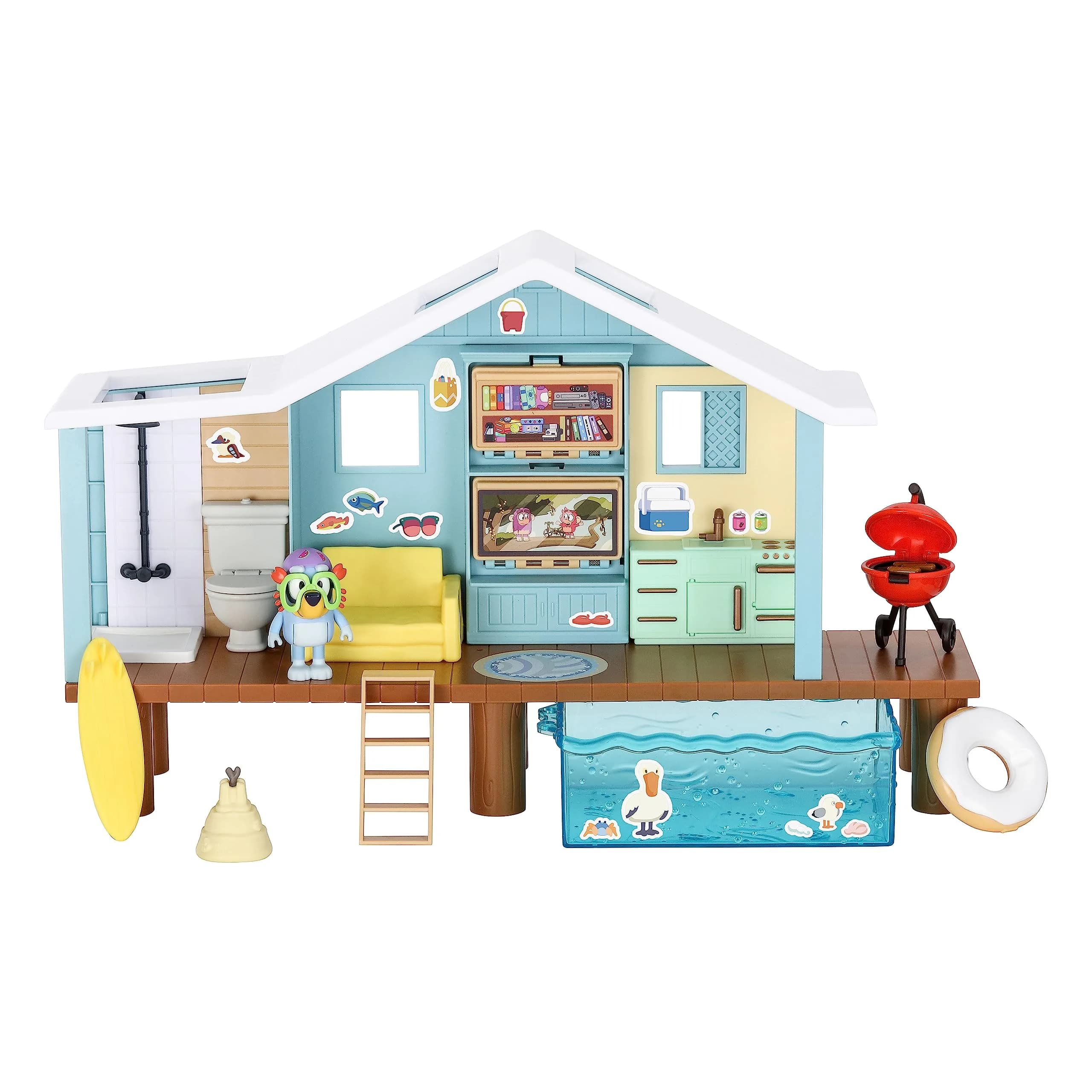 Bluey Beach Cabin Playset 10-Inch (25.4cm) with 10 Play Pieces & Goggles Figure | ASTM-Tested Toy for Kids Ages 3+ — Multicolor