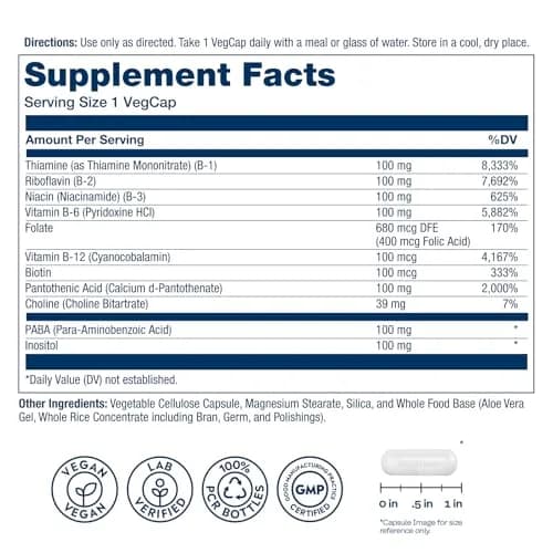 SOLARAY Vitamin B Complex 100 mg | Vegan, 275 VegCaps for Energy & Skin (70-120 chars) thumbnail 2