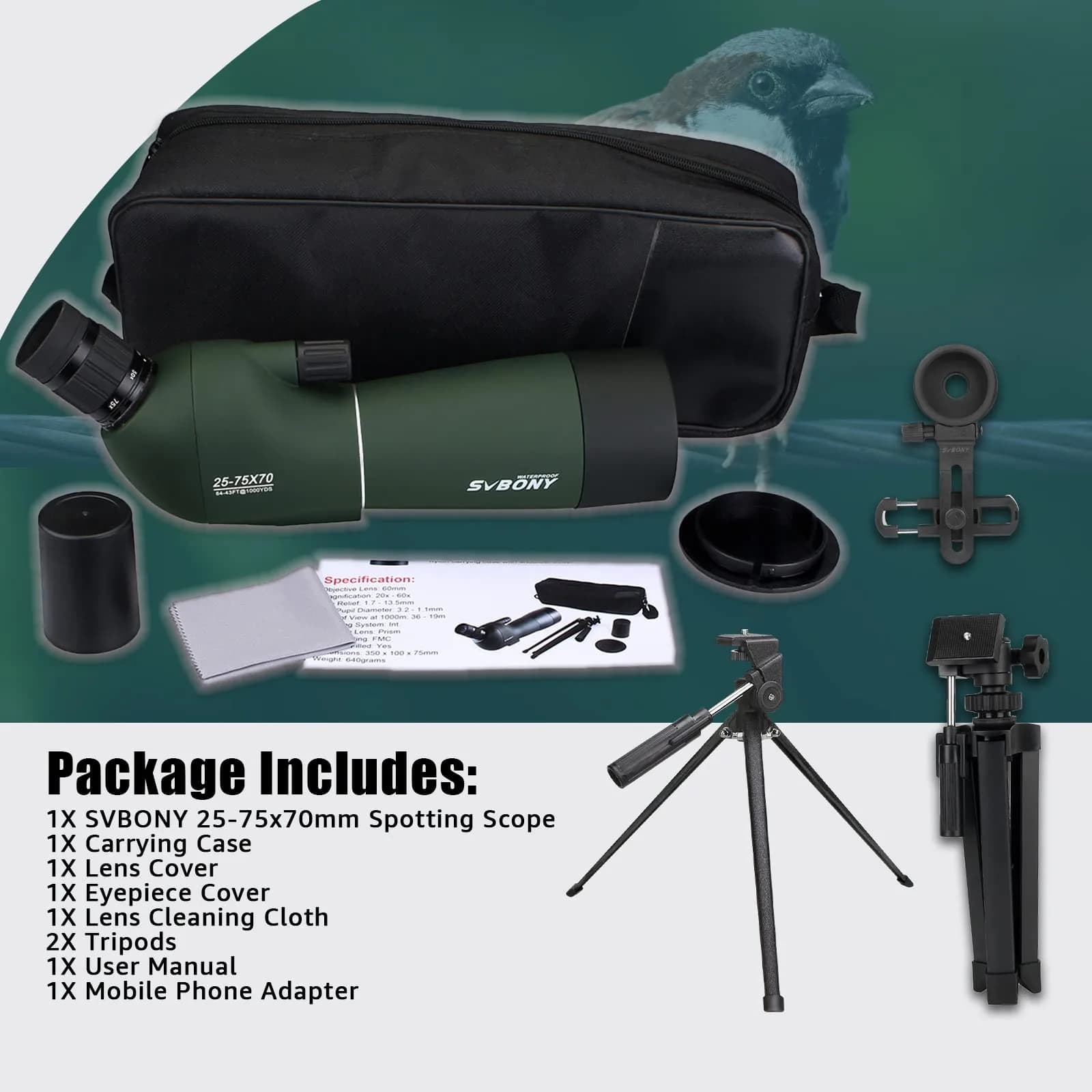 SVBONY SV28 Spotting Scope 25-75x70mm | Stable Aluminum Tripod & Phone Adapter - view 7