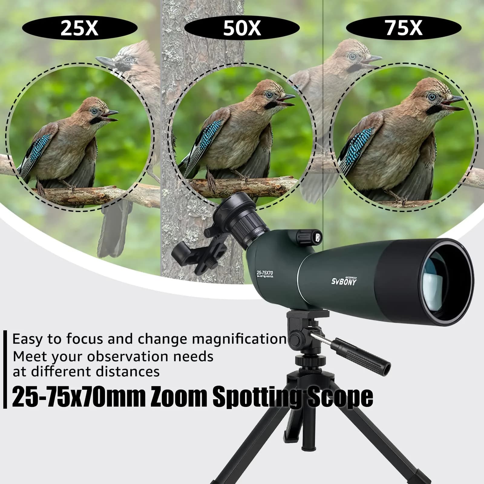 SVBONY SV28 Spotting Scope 25-75x70mm | Stable Aluminum Tripod & Phone Adapter - view 2