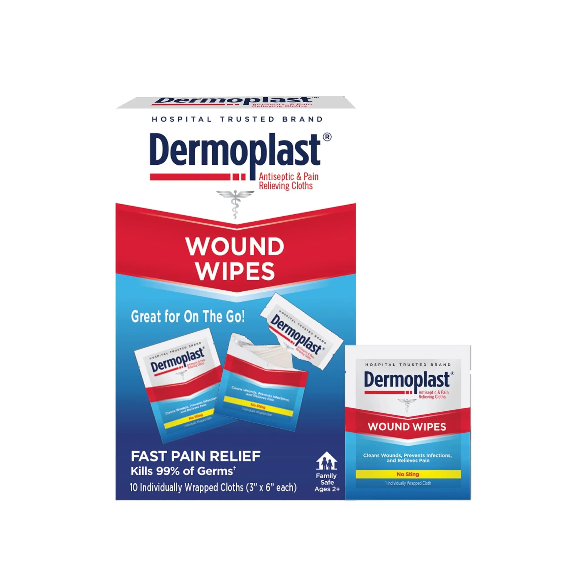 Dermoplast Wound Wipes, Antiseptic First Aid Cloths, 10 Count | No-Sting, Pain-Relief, Portable First Aid — White