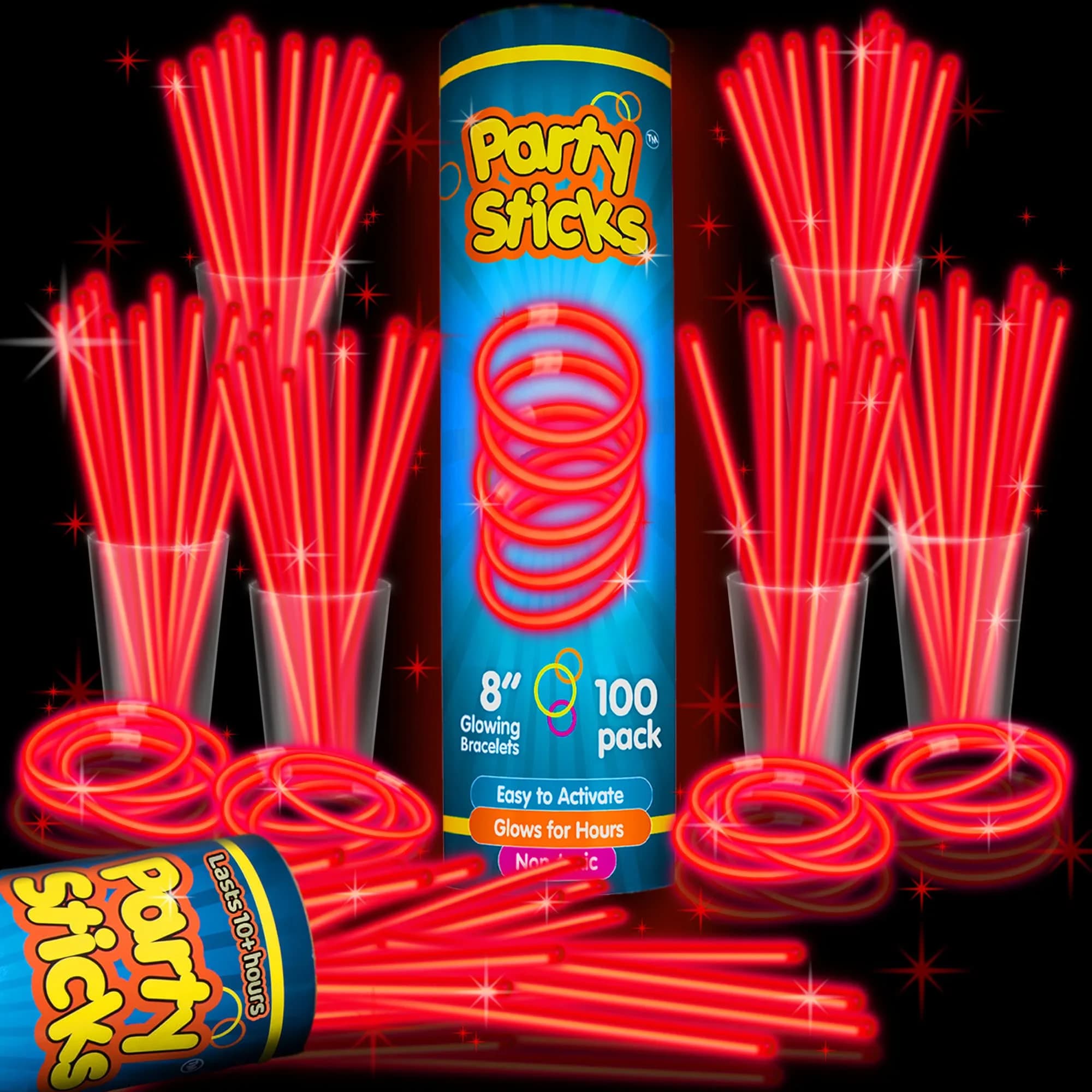 PartySticks Red Glow Sticks 100 Count | 8 Inch Glow in The Dark Light Up Sticks for Parties & Decorations — Red