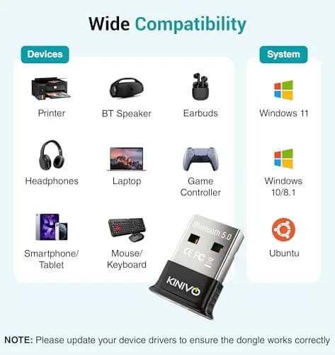 Kinivo USB Bluetooth Adapter for PC (BT5.0, Plug & Play Wireless Dongle Receiver for Ubuntu, Windows 11/10/8.1) – Works with Laptops, Headsets, Speakers, Mouse, Keyboard, Printers, Gaming Controllers thumbnail 4