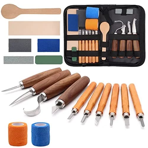VIBRATITE Wood Carving Kit, 19 PCS Beginner Whittling Tools with Black Walnut Handles | Includes Sharpening Stone & Leather Strop thumbnail 1