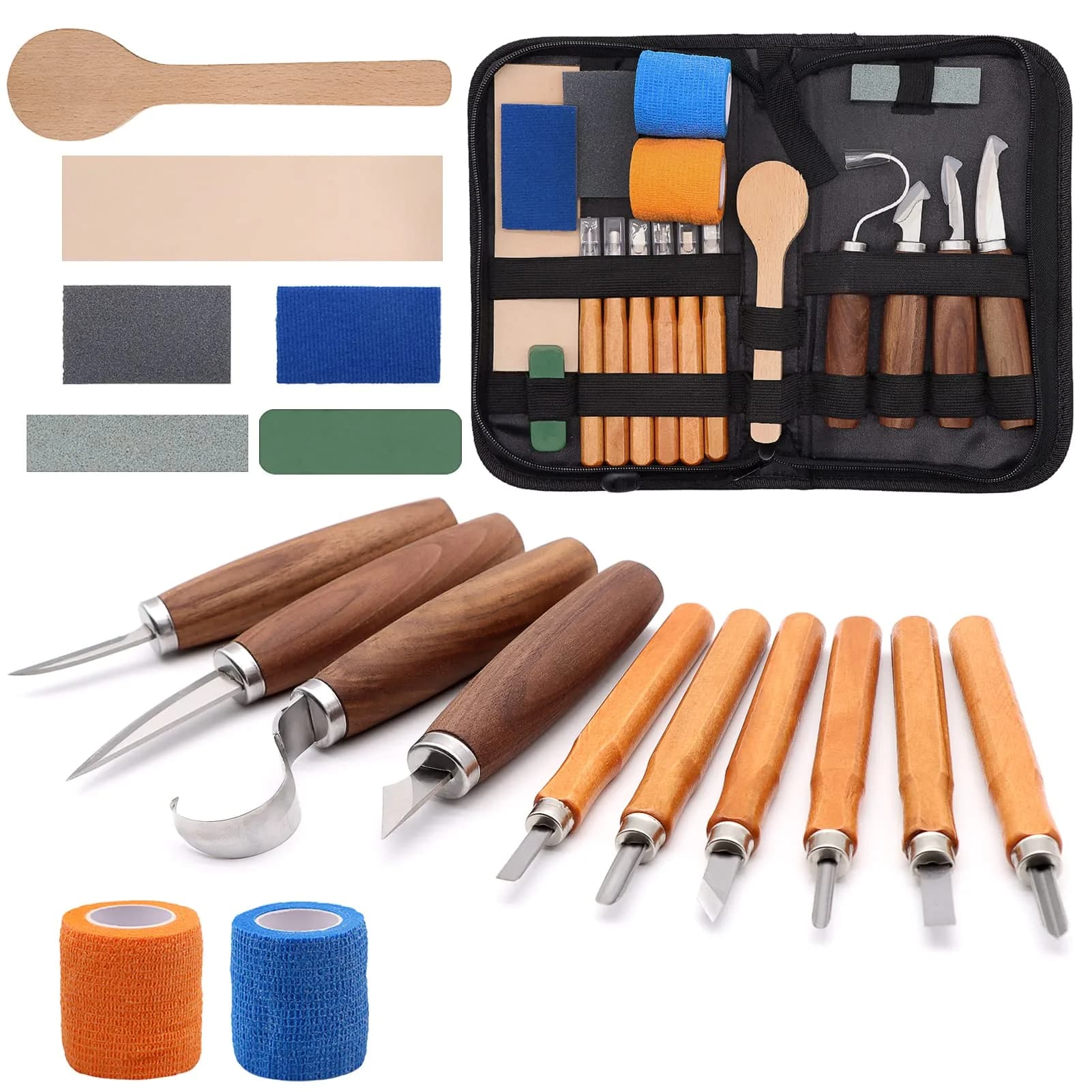 VIBRATITE Wood Carving Kit, 19 PCS Beginner Whittling Tools with Black Walnut Handles | Includes Sharpening Stone & Leather Strop