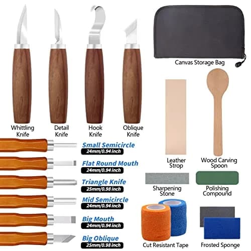VIBRATITE Wood Carving Kit, 19 PCS Beginner Whittling Tools with Black Walnut Handles | Includes Sharpening Stone & Leather Strop thumbnail 2
