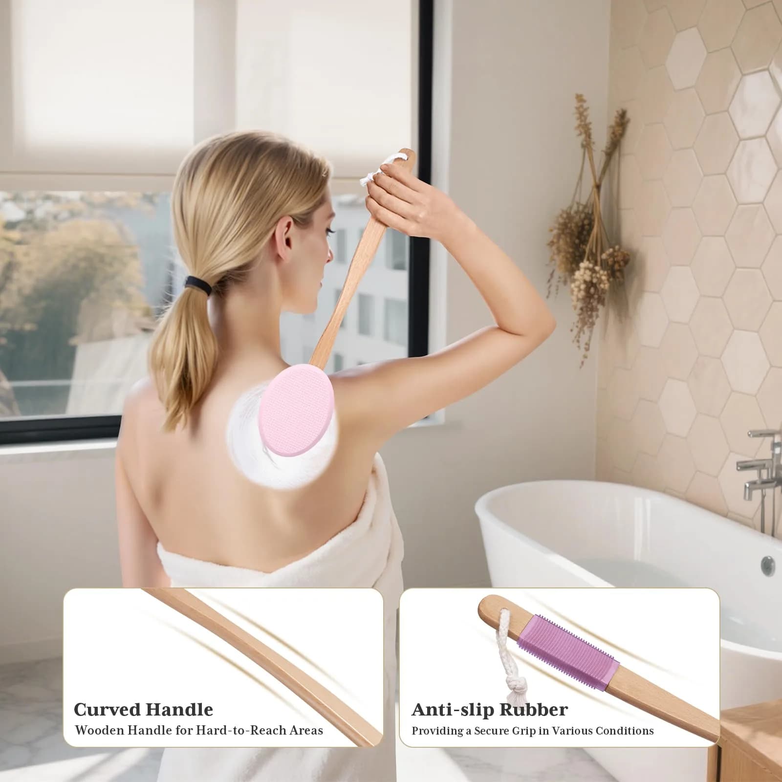 AmazerBath Lotion Applicator for Back, Feet, 4 Replaceable Pads with Long Handle, Pink | Applies Lotion Evenly - view 5