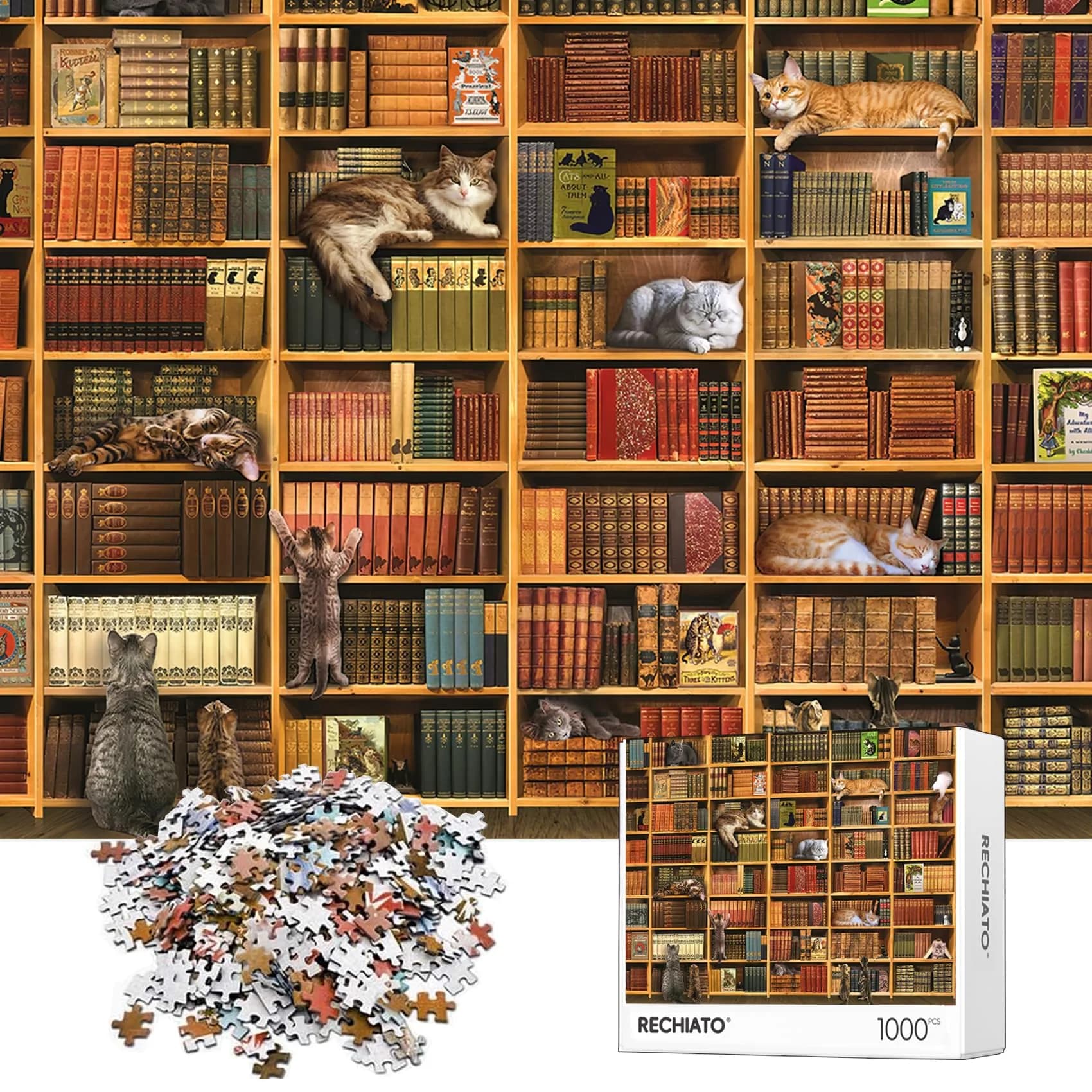 RECHIATO Cats Library Jigsaw Puzzle 1000+ Pieces | Funny Kitten Bookshelf Puzzle for Animal Lovers — Kitten Library