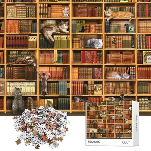 RECHIATO Cats Library Jigsaw Puzzle 1000+ Pieces | Funny Kitten Bookshelf Puzzle for Animal Lovers thumbnail 1