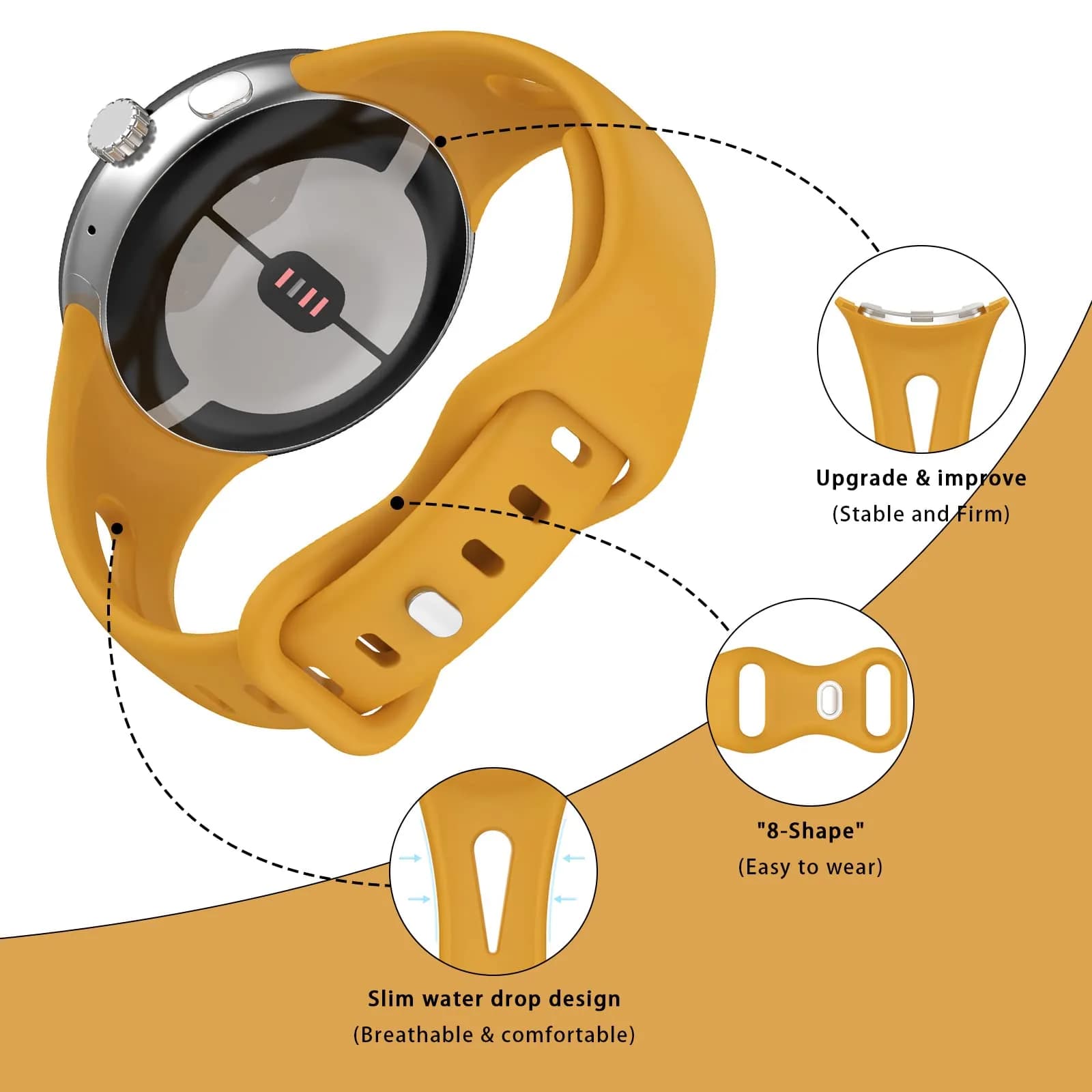 Eiavike Slim Silicone Watch Band for Google Pixel Watch 4/3/2/1 (41mm) - Yellow, 22mm | Breathable & Adjustable Sport Strap - view 2