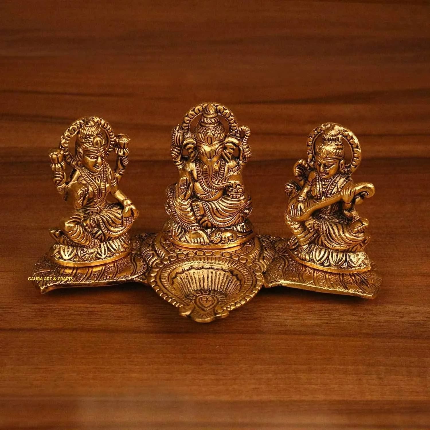 Kalakriti Antique Metal Ganesh Laxmi Saraswati Idols Set with Diya | 320g (0.7lb) | Home Décor Accents - main product image