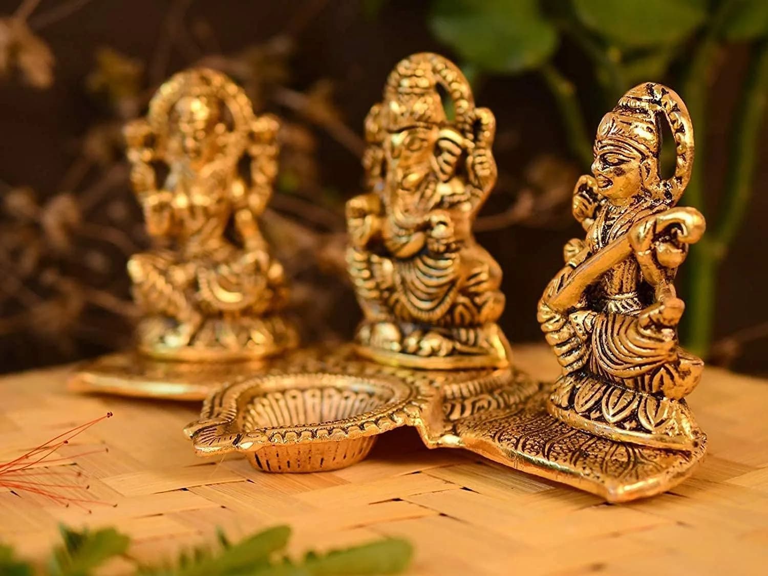 Kalakriti Antique Metal Ganesh Laxmi Saraswati Idols Set with Diya | 320g (0.7lb) | Home Décor Accents - view 5