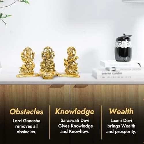 Kalakriti Antique Metal Ganesh Laxmi Saraswati Idols Set with Diya | 320g (0.7lb) | Home Décor Accents thumbnail 6