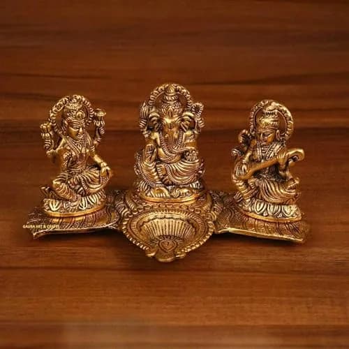 Kalakriti Antique Metal Ganesh Laxmi Saraswati Idols Set with Diya | 320g (0.7lb) | Home Décor Accents thumbnail 1