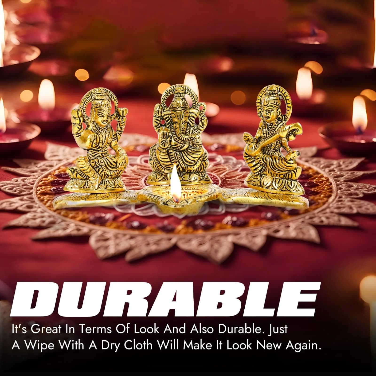 Kalakriti Antique Metal Ganesh Laxmi Saraswati Idols Set with Diya | 320g (0.7lb) | Home Décor Accents - view 2