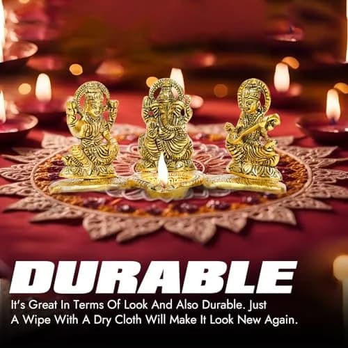 Kalakriti Antique Metal Ganesh Laxmi Saraswati Idols Set with Diya | 320g (0.7lb) | Home Décor Accents thumbnail 2