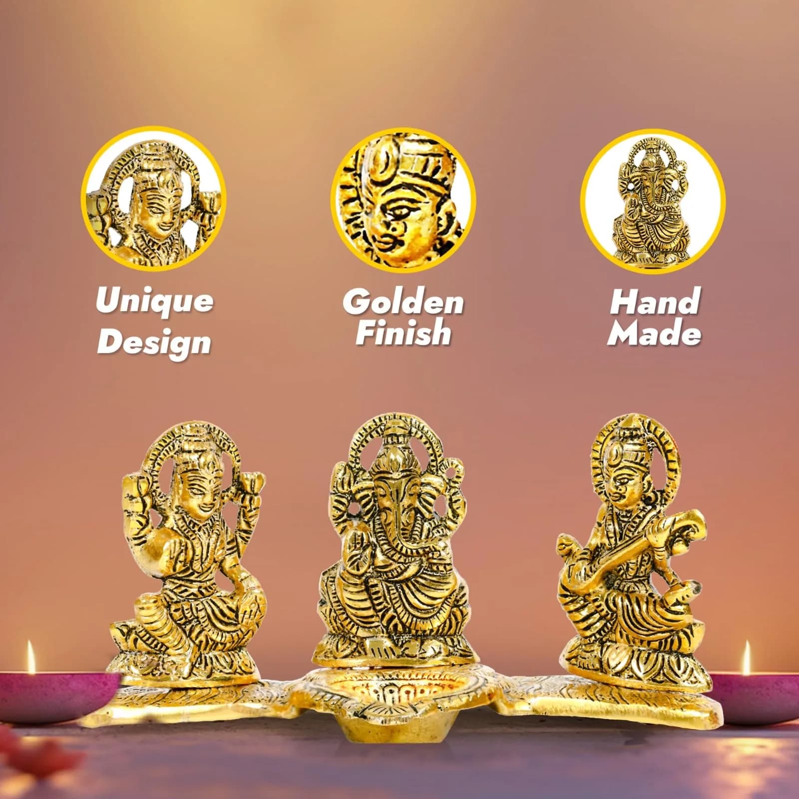 Kalakriti Antique Metal Ganesh Laxmi Saraswati Idols Set with Diya | 320g (0.7lb) | Home Décor Accents - view 3