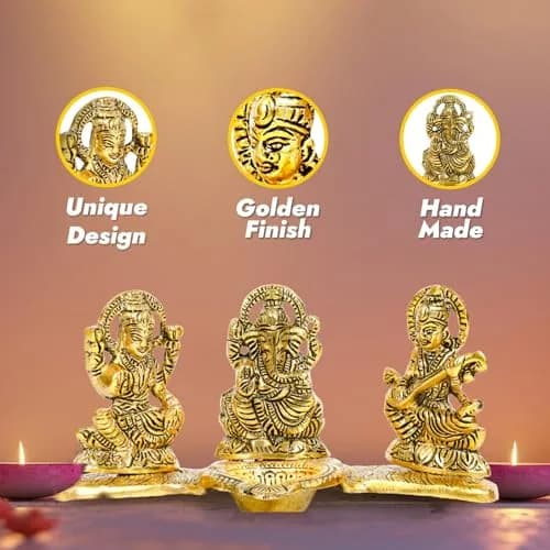 Kalakriti Antique Metal Ganesh Laxmi Saraswati Idols Set with Diya | 320g (0.7lb) | Home Décor Accents thumbnail 3
