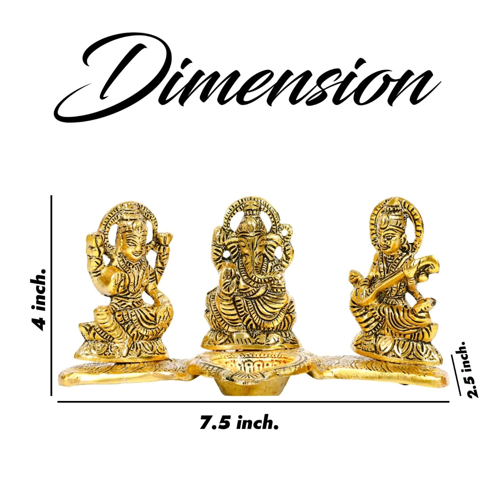 Kalakriti Antique Metal Ganesh Laxmi Saraswati Idols Set with Diya | 320g (0.7lb) | Home Décor Accents - view 4