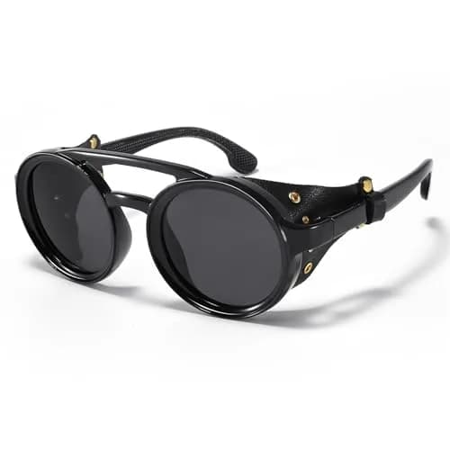 MUDIWRLO Polarized Round Steampunk Sunglasses with Leather Side Double Bridge Shield for Men Women thumbnail 1