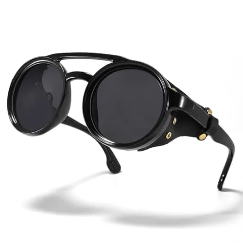 MUDIWRLO Polarized Round Steampunk Sunglasses with Leather Side Double Bridge Shield for Men Women thumbnail 4