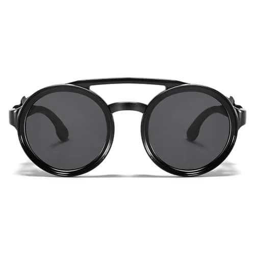MUDIWRLO Polarized Round Steampunk Sunglasses with Leather Side Double Bridge Shield for Men Women thumbnail 5