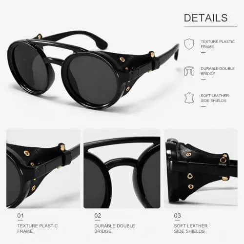 MUDIWRLO Polarized Round Steampunk Sunglasses with Leather Side Double Bridge Shield for Men Women thumbnail 6