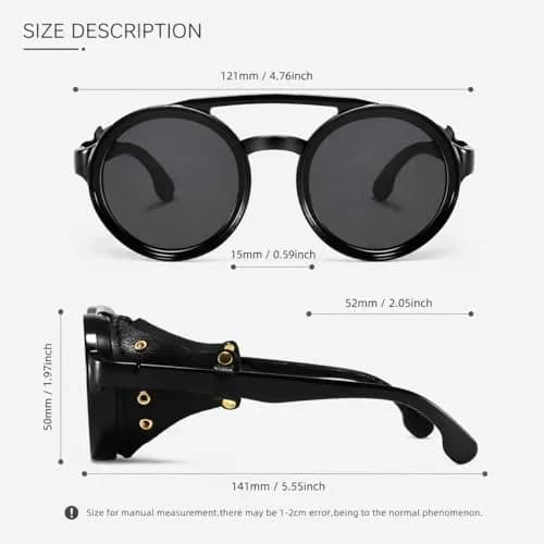 MUDIWRLO Polarized Round Steampunk Sunglasses with Leather Side Double Bridge Shield for Men Women thumbnail 7