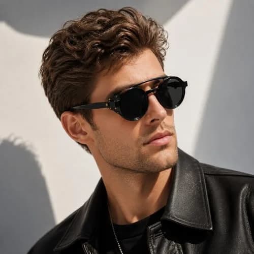 MUDIWRLO Polarized Round Steampunk Sunglasses with Leather Side Double Bridge Shield for Men Women thumbnail 2